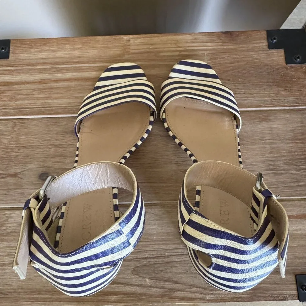 J. Crew Leather Light Cream Navy Stripe Ankle Strap Open Toe Block Heel Sandals